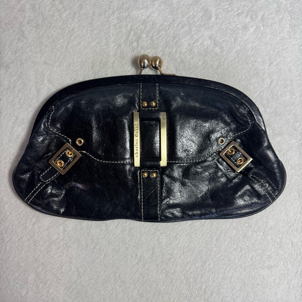 Vintage 90s Black Leather Kisslock Clutch Bag with Gold Accents and Buckles